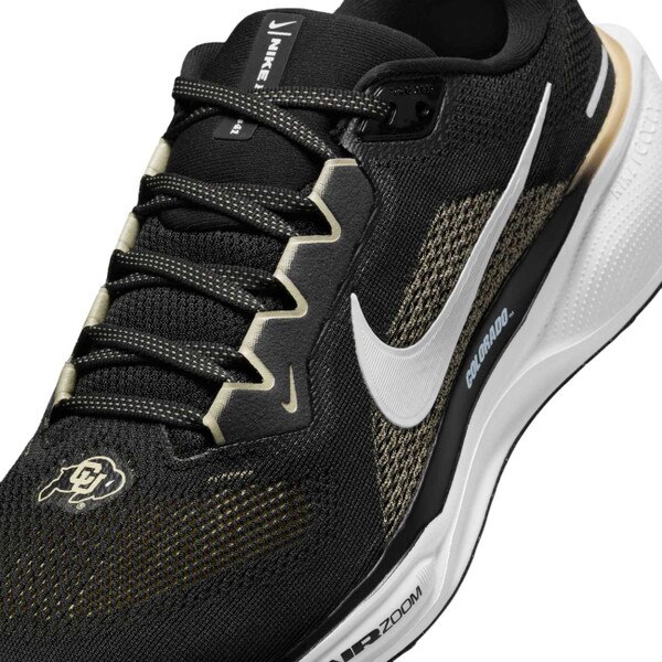 Close-up of black Nike Air Zoom running shoe with white Swoosh, “Colorado” text on midsole, and CU Buffaloes logo on toe